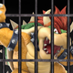 Bowser, the main boss from Mario, locked behind bars and angry.